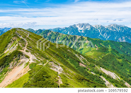 Climbing Mt. Jigatake in summer (view from the middle peak of Mt. Jjigatake towards the south peak and Mt. Tateyama) 109579592