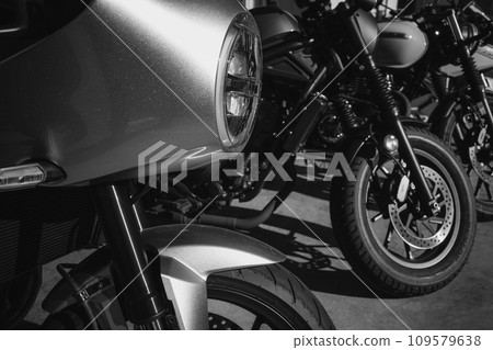 Bike touring Parked bikes lined up b-6 monochrome 109579638