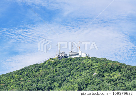 Hakodate City, Hokkaido, Mt. Hakodate summit observation deck and Mt. Hakodate ropeway summit station on a clear day 109579682