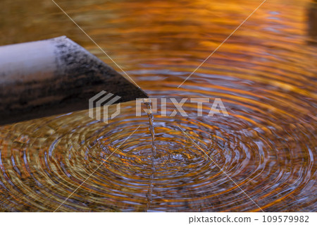 Now at Kumano Kannonji Temple, a water fountain with clear water flowing through it, autumn leaves reflected on the water surface Now at Kumano Kannonji Temple, a water fountain with clear water flowing through it, autumn leaves reflected on the water surface 109579982