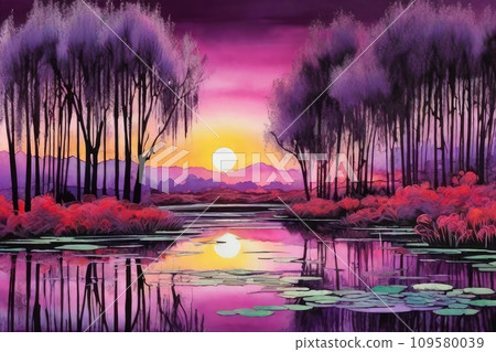 Colorful lake with pink and purple reflections, surrounded by nature. 109580039