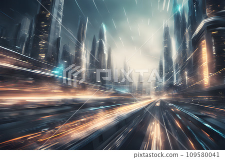 Busy city street with light trails from cars at night 109580041