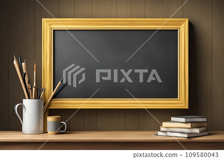 Empty living room with blackboard wall and wooden furniture. Empty living room with blackboard wall and wooden furniture. 109580043