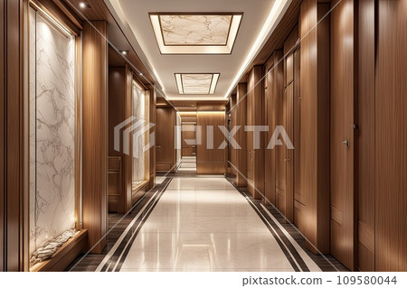 interior long corridor in with doors and lamps in a hotel 109580044