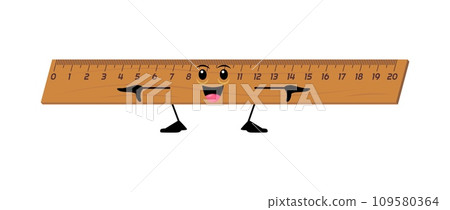 Cartoon cheerful funny ruler school stationery character. Isolated vector adorable measuring tool with a smiling face, markings, and a joyful personality, ready to measure and educate students 109580364