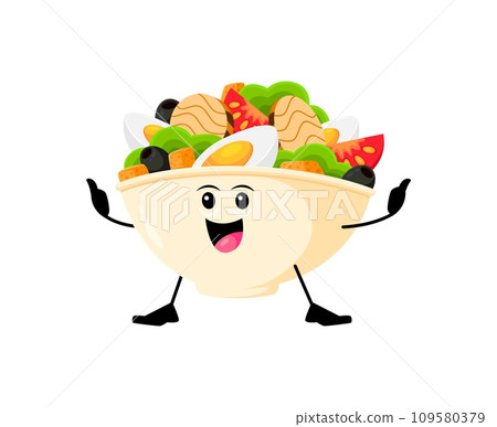 Cartoon cheerful funny salad bowl takeaway fast food character. Isolated vector lively personage with vibrant greens and a smiling face, exuding freshness and cheerfulness, happy meal emoticon 109580379