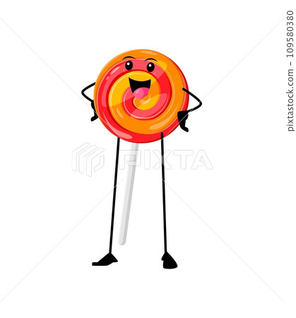 Cartoon cheerful lollipop funny fast food character. Isolated vector joyful, vibrant candy on stick personage with smiling face, swirling colors, and a playful aura, spreading sweetness and happiness 109580380