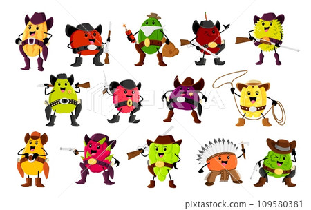 Cartoon fruit cowboy, sheriff, ranger and bandit characters. Vector western melon, apple, feijoa or plum. Durian, pear, lychee, figs and carambola with mango, dragon fruit, grapes, orange and bergamot 109580381
