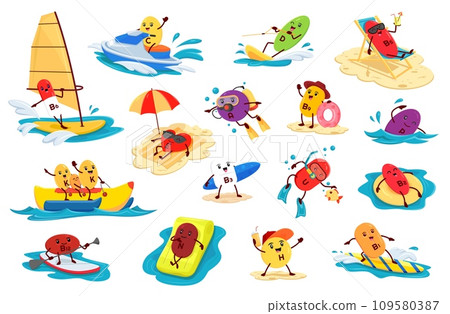 Cartoon vitamin characters on summer beach vacation, vector holiday fun. Funny vitamin pills on sea surfboard or SUP paddleboard, swimming in ocean or snorkeling or riding banana boat at beach Cartoon vitamin characters on summer beach vacation, vector holiday fun. Funny vitamin pills on sea surfboard or SUP paddleboard, swimming in ocean or snorkeling or riding banana boat at beach 109580387