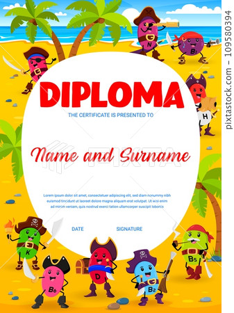 Kids diploma. Cartoon vitamin and micronutrient pirate or corsair characters. Appreciation diploma, child graduation vector certificate with vitamin dragee pirate funny personages on treasure island 109580394