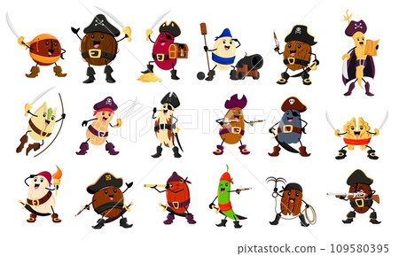 Cartoon nut, bean and legume pirate and corsair characters. Vector macadamia, coconut, kidney and pumpkin or sunflower seed. Walnut, soybean pod, pistachio and peanut. Brazil, almond or cashew grains Cartoon nut, bean and legume pirate and corsair characters. Vector macadamia, coconut, kidney and pumpkin or sunflower seed. Walnut, soybean pod, pistachio and peanut. Brazil, almond or cashew grains 109580395