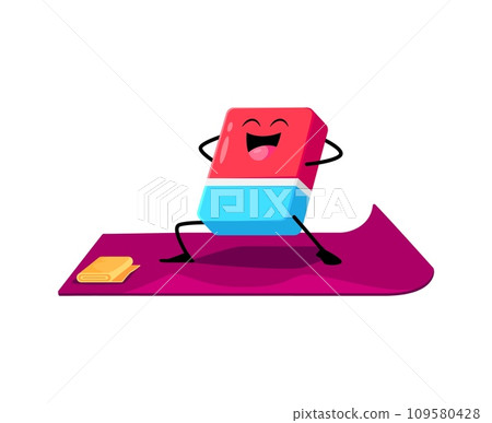 Cartoon eraser school supply character on yoga fitness sport. Isolated vector flexible, zen personage, showcasing yogi poses, balance, and relaxation, inspiring a healthy lifestyle and mindfulness Cartoon eraser school supply character on yoga fitness sport. Isolated vector flexible, zen personage, showcasing yogi poses, balance, and relaxation, inspiring a healthy lifestyle and mindfulness 109580428