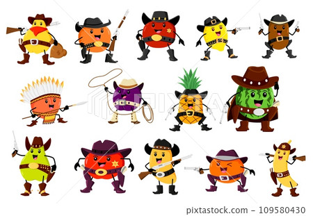 Cartoon fruit cowboy, sheriff, ranger bandit characters. Vector banana, plum and lemon, mandarin and kiwi. Pineapple, pear, mango, and apricot, watermelon, quince, apple and orange rancher personages 109580430