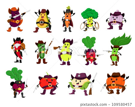 Cartoon vegetable cowboy and ranger, sheriff, robber and bandit characters. Vector cauliflower, eggplant, avocado and broccoli. Chili pepper, cucumber, squash and radish with spinach, tomato and beet 109580457