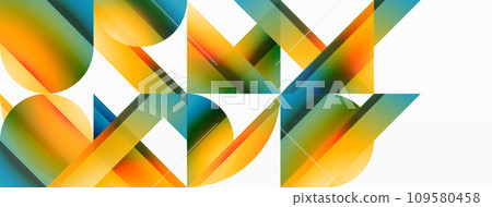Vibrant color triangles and circles on white background intertwine to create captivating and harmoniously balanced composition for digital designs, presentations, website banners, social media posts 109580458