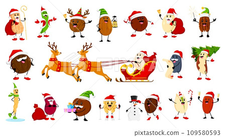 Cartoon christmas nuts, bean and legume characters. Vector peanut, green pea, walnut or almond. Macadamia, pumpkin or sunflower seeds. Pecan, coconut, brazil or soy bean with cashew or pistachio Cartoon christmas nuts, bean and legume characters. Vector peanut, green pea, walnut or almond. Macadamia, pumpkin or sunflower seeds. Pecan, coconut, brazil or soy bean with cashew or pistachio 109580593