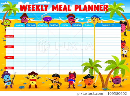 Weekly meal planner with cartoon vitamin and micronutrient pirate or corsair characters, vector diet plan. Healthy nutrition weekly timetable or meal menu organizer with vitamin pirate sailors 109580602