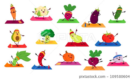 Cartoon vegetable characters on yoga fitness. Vector funny veggies carrot, cauliflower, radish or beet with eggplant and cucumber. Avocado, broccoli, squash and tomato, spinach, pepper and garlic 109580604