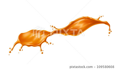 Caramel syrup swirl splash or sauce wave with drops of toffee cream, realistic vector. Sugar caramel sauce or candy wave flow spill with drops and splashes of sweet candy or toffee confection syrup 109580608