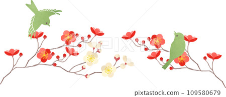 Illustration of plum blossoms and warblers 109580679
