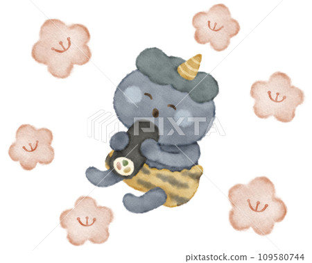 Illustration material of a cute fluffy blue demon eating ehomaki 109580744