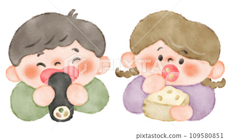 Illustration material set of children eating ehomaki and children eating beans Setsubun Day 109580851