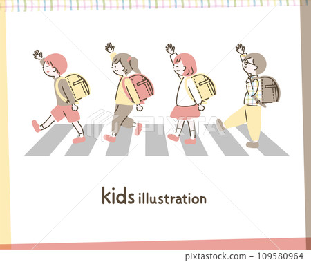 Illustration of children crossing the crosswalk with their hands raised_2 109580964