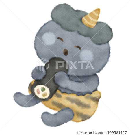 可愛的毛茸茸的藍色惡魔吃 ehomaki 的插圖素材 可愛的毛茸茸的藍色惡魔吃 ehomaki 的插圖素材 109581127
