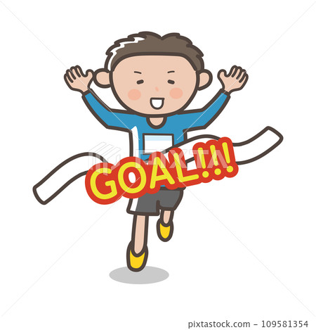 一名男子完成馬拉鬆比賽並帶著喜悅的表情衝過終點線的插圖 109581354