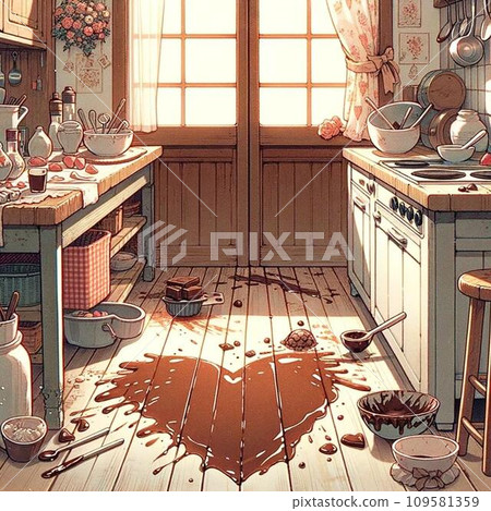 Illustration of a kitchen making Valentine's chocolate 80's-90's anime style retro 109581359