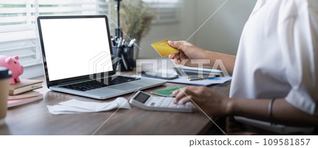 Credit card and laptop mockup for online payment, investment or savings insurance mock up. finance or woman on laptop blank screen 109581857