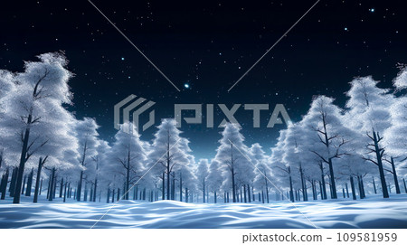 夢幻星空下的雪域森林景觀“AI生成圖像” 109581959