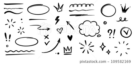 Hand drawn highlight, text underline, emphasis mark, line shape set. Hand drawn scribble arrow, love heart, speech bubble, crown element. Marker, pen brush stroke graphic element. Vector Hand drawn highlight, text underline, emphasis mark, line shape set. Hand drawn scribble arrow, love heart, speech bubble, crown element. Marker, pen brush stroke graphic element. Vector 109582169