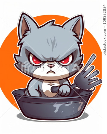 AI-generated content. Cartoon sticker evil kitten in a kitchen pan, AI 109582884