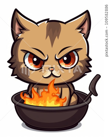 AI-generated content. Cartoon sticker evil kitten in a kitchen pan, AI 109582886