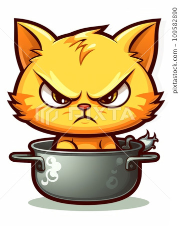 AI-generated content. Cartoon sticker evil kitten in a kitchen pan, AI AI-generated content. Cartoon sticker evil kitten in a kitchen pan, AI 109582890