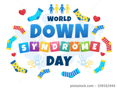 World Down Syndrome Day Vector Illustration on March 21 with Blue and Yellow Ribbon, Earth Map, Unpaired Socks and Kids in Flat Cartoon Background 109582948