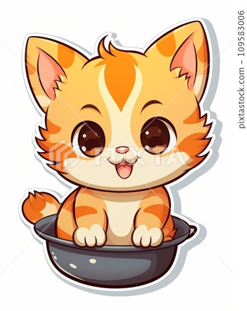 AI-generated content. Cartoon sticker cute kitten in a kitchen pan, AI 109583006