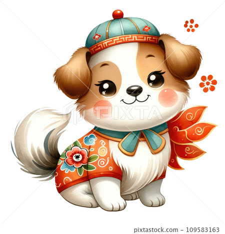 Chinese Zodiac Dog, Watercolor Art in Chinese Style. 109583163