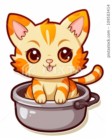 AI-generated content. Cartoon sticker cute kitten in a kitchen pan, AI 109583414