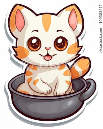 AI-generated content. Cartoon sticker cute kitten in a kitchen pan, AI 109583415