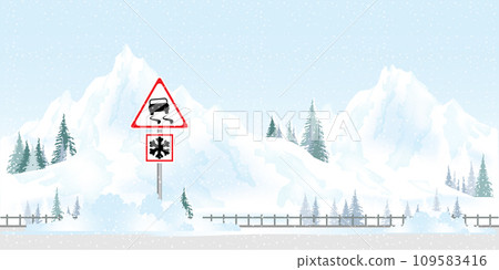 Warning sign driving in winter. Road sign warns of ice and snow at winter. 109583416