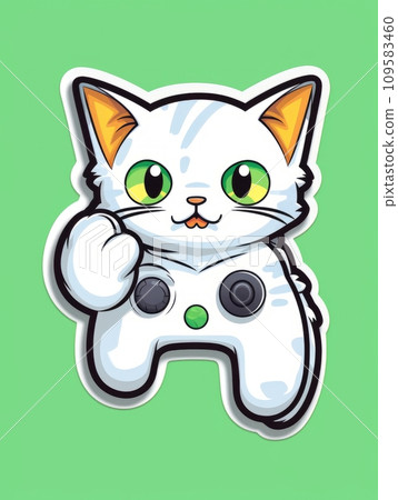 AI-generated content. Cartoon sticker cute gamer kitten with game joystick, AI 109583460