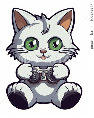 AI-generated content. Cartoon sticker cute gamer kitten with game joystick, AI 109583517