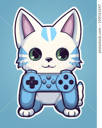 AI-generated content. Cartoon sticker cute gamer kitten with game joystick, AI 109583847