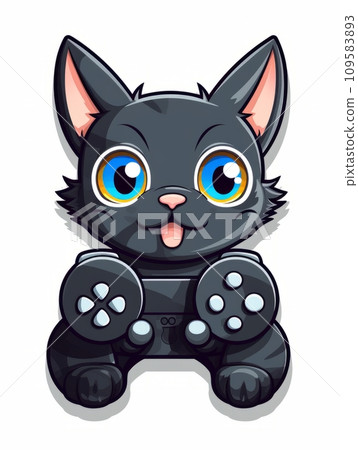 AI-generated content. Cartoon sticker cute gamer kitten with game joystick, AI 109583893