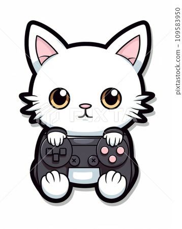 AI-generated content. Cartoon sticker cute gamer kitten with game joystick, AI 109583950
