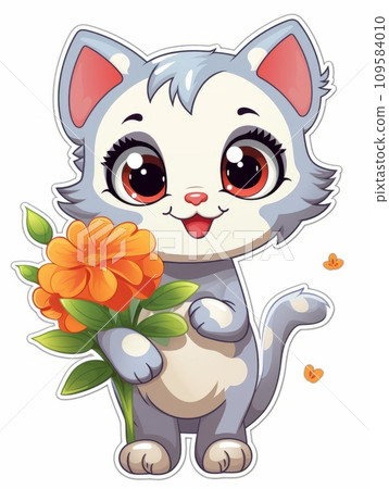 AI-generated content. Cartoon sticker cute kitten with flowers, AI 109584010