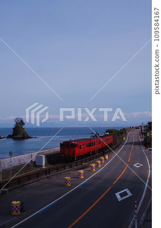 Train running along the sea Train running along the sea 109584167