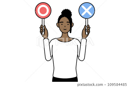 African woman holding a stick showing correct and incorrect answers African woman holding a stick showing correct and incorrect answers 109584485